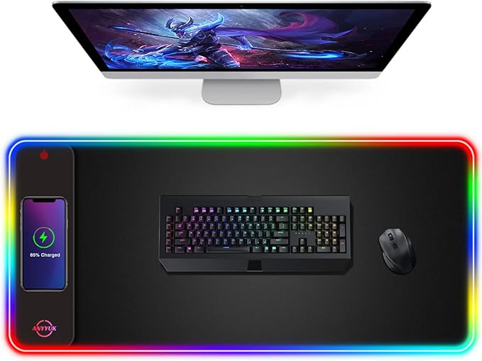 RGB LED Mouse Pad with 15W Wireless Charger Gaming Mouse Pad with 10 Light Modes Extra Large Mousepad Non-Slip Rubber Base Computer Keyboard Mat for Men
