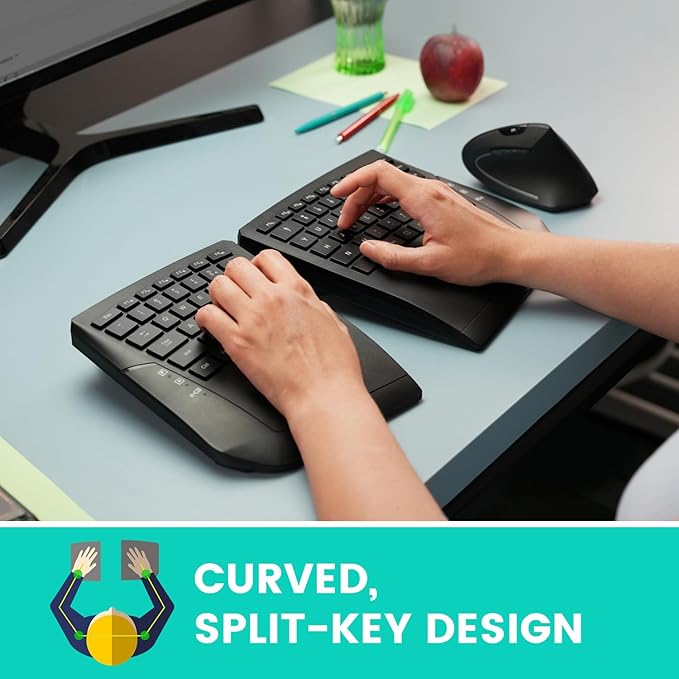 Perixx PERIBOARD-624B US Wireless Ergonomic Split Keyboard - Up 30 Ft Separation - Adjustable Tilt Angle - Low Profile Membrane Keys - Black - US English