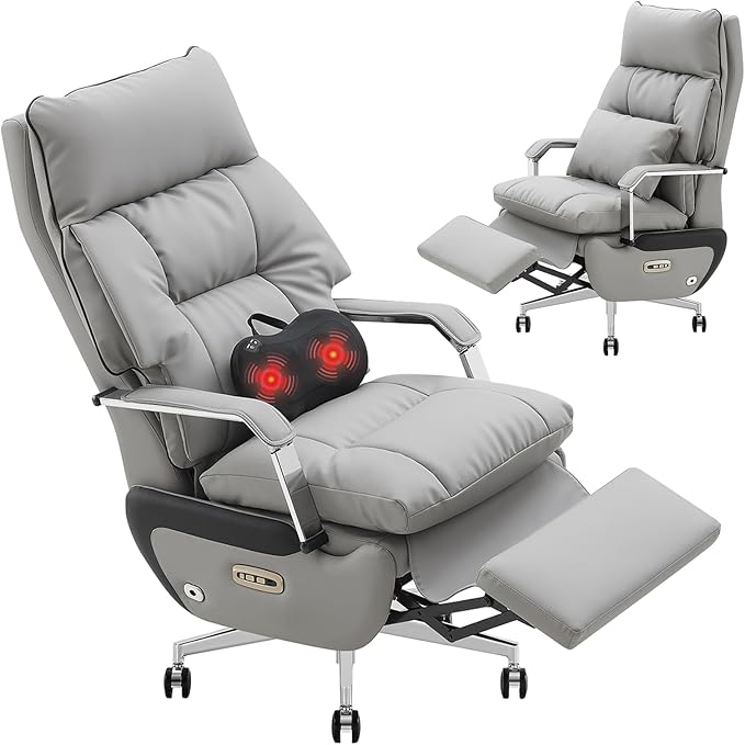 Dual Motor Executive Reclining Office Chair with Footrest – One-Click Electric Recline Massage Lumbar Support &amp Pillow Big and Tall PU Leather Ergonomic Desk Chair for Home Office/Gaming(Gray)