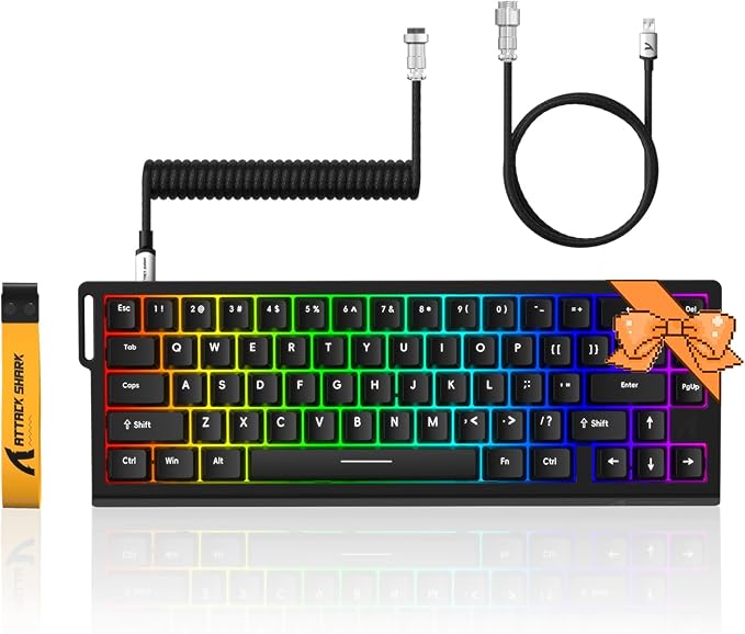 ATTACK SHARK X68 HE 8KHZ Rapid Trigger Keyboard Magnetic Switch0.01 mm RT AccuracyWired RGB 60% Gaming Keyboard TKL with Adjustable ActuationSnap TapCoiled Cablefor PC/Mac(Black)