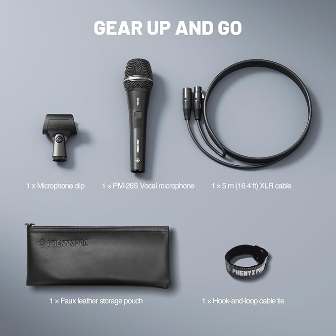 Phenyx Pro Vocal Microphone Supercardioid Dynamic Mic with 16.4 ft XLR Cable Mic Clip Storage Bag Wired Handheld Microphone for Singing Stage Studio Karaoke (PM-26S)