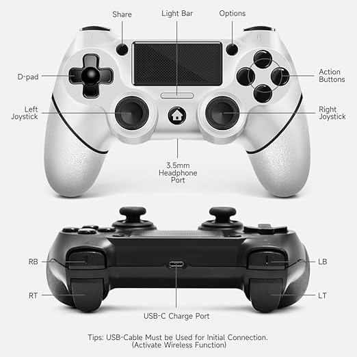 AceGamer 2 Pack for PS4 Controller Wireless Controller for PS4/Pro/Slim/PC with Non-Slip Grip of Both Sides and USB-C Cable! (Black and White)