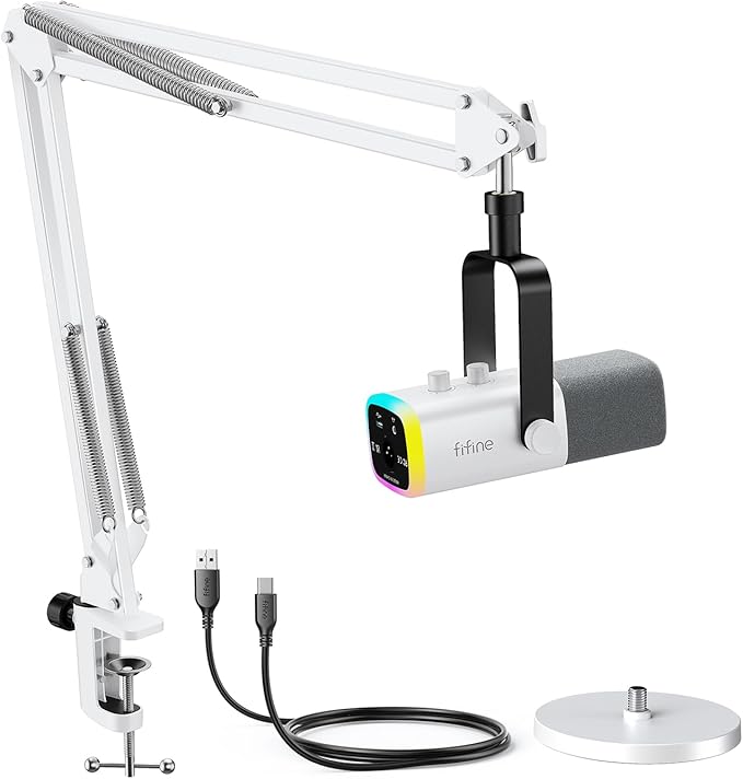 FIFINE XLR/USB Gaming Microphone Bundle with Metal Boom Arm Dynamic RGB Mic with Mute Gain Monitoring for Streaming Vocal Recording Podcast Arm Stand for Home Studio Video Creation (AM8W+CS1W)
