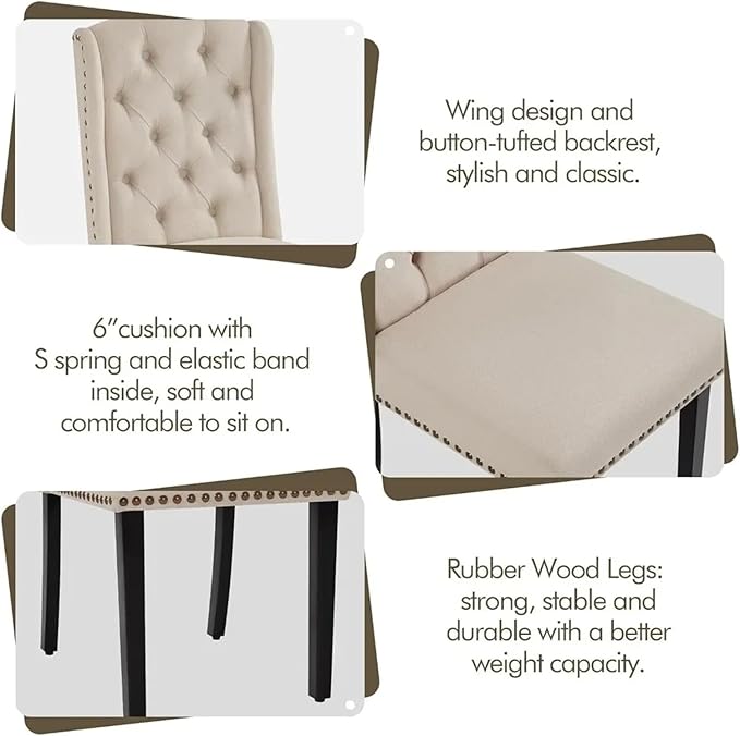 Adjustable Office Computer Chair with Armrest 1pcs Beige Upholstered Tufted Button Backrest Fabric Dining Chairs with Solid Wood Legs