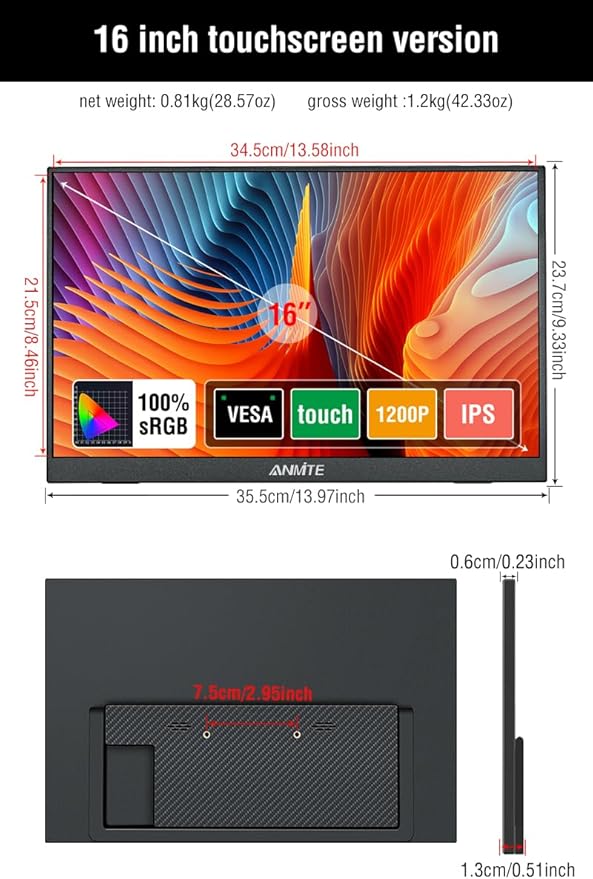 16 Portable Touch Monitor for Laptop Computer Gaming Display Metal Enclosure Mobile Display