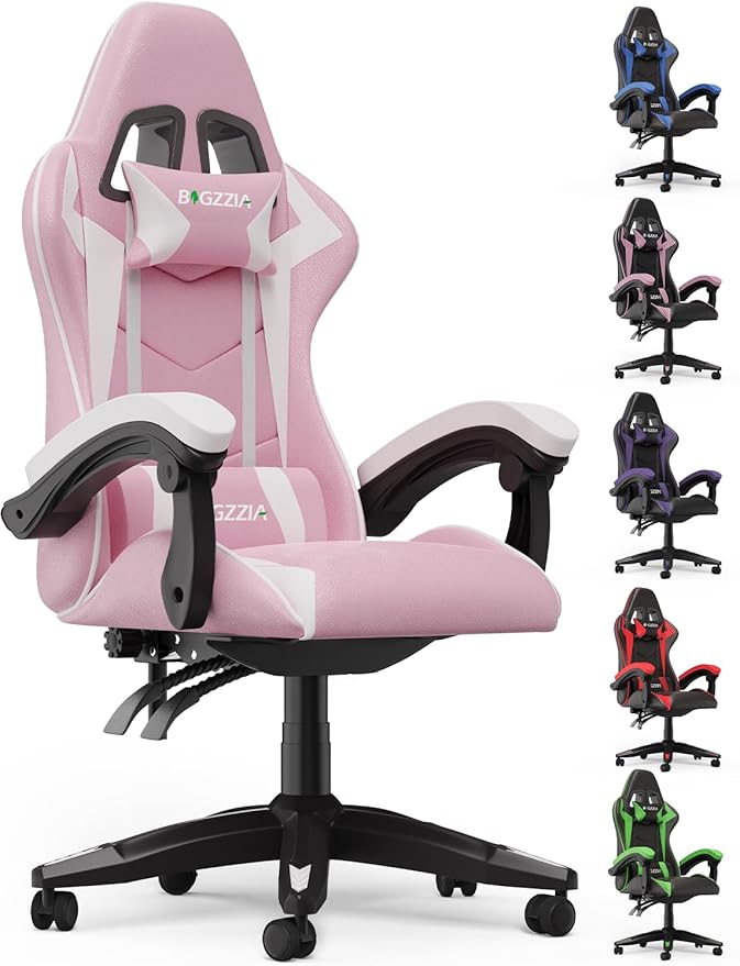 Bigzzia Gaming Chair Ergonomic Video Game Chairs with Pillow and Lumbar Support Racing Style Height Adjustable Computer Chair with 360°-Swivel Seat for Adults and Teens (Pink)