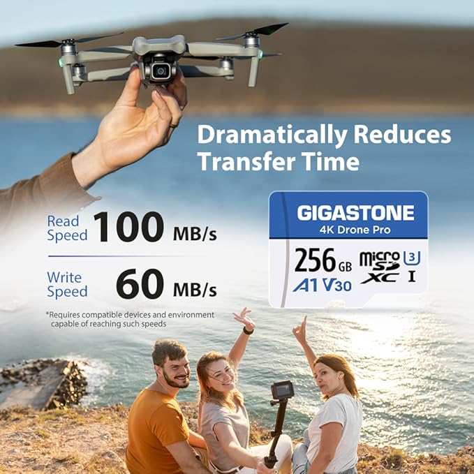 【Designed for Drone】 GIGASTONE 256GB Micro SD Card 4K Drone Pro MicroSDXC Memory Card for Security Camera DJI Drone or Action Camera 4K Video Recording UHS-I U3 A1 V30 100MB/s with Adapter.