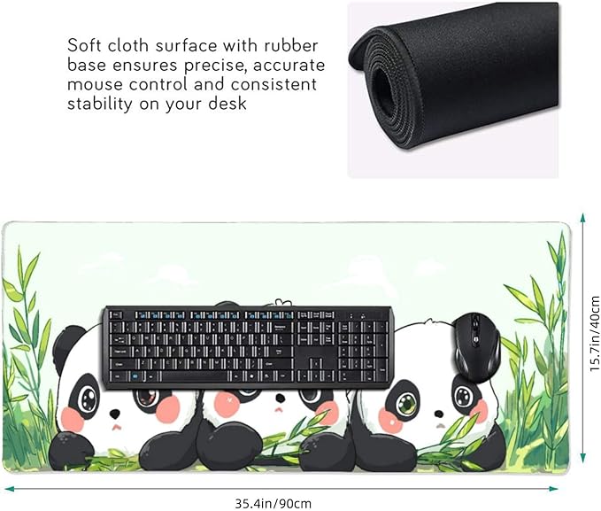Cute Panda Gaming Mouse Pad Non-Slip Rubber Base 2XL Mousepad with Stitched EdgesWaterproof Washable Mouse Mat for Desk Home Office Gaming 16x35.5in
