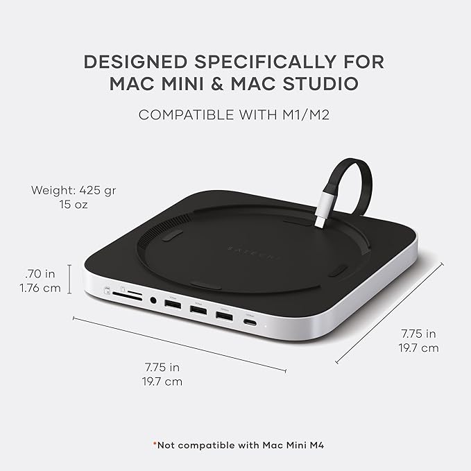 Satechi Mac mini Hub &amp Stand with SSD Enclosure for NVME/SATA M.2 Mac mini Dock with USB C 10Gbps 3 USB A 5/10Gbps 2.0 Audio Jack for Mac Studio Mac mini M2/M1 (Not Compatible with M4) - Silv