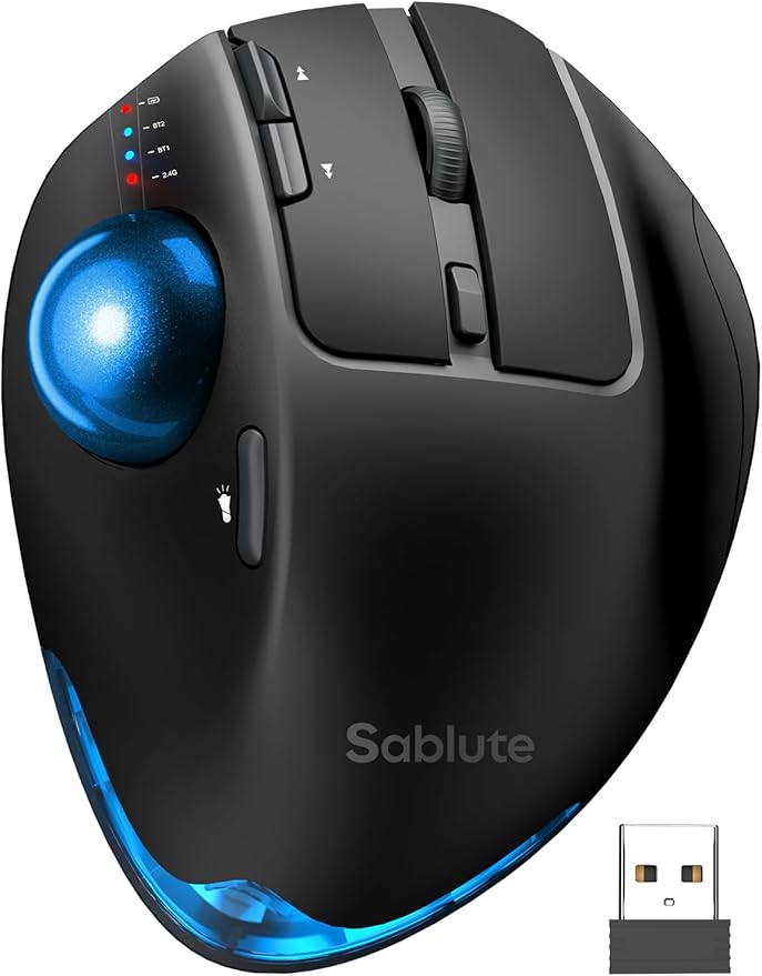 MAM1 Pro Wireless Trackball Mouse Ergonomic Bluetooth Rechargeable Computer Mouse Backlit Rollerball Thumb mice with 5 Level DPI Adjustable Angle 3 Devices Connection for PC Windows - Blue Ball