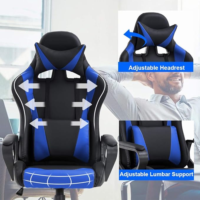 HHS Gaming Chair Computer Chair Video Game Chairs Ergonomic Racing Gamer Chair with Massage Lumbar Support and Headrest Armrest Big and Tall Comfortable Gaming Recliner for Adults Teens Blue