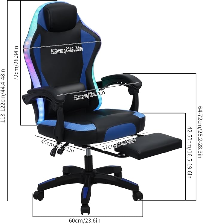 Gaming ChairComputer Gaming Chair for Adults and Kids Ergonomic Computer Chair for Girl with Footrest and Headrest Comfortable Reclining PC Game Chair High Back Music Video Chair Blue