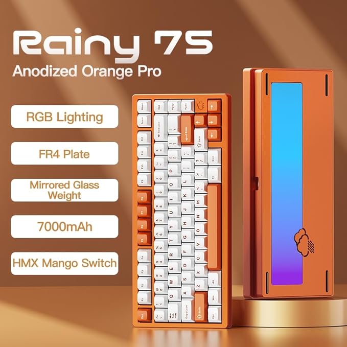 KEEBMONKEY WOBKEY Rainy 75 Aluminum HMX/JWK Switches Mechanical Keyboard with Superior Acoustics Wired BT 2.4G Wireless Connectivity (Pro Orange(Mirrored Glass Weight))