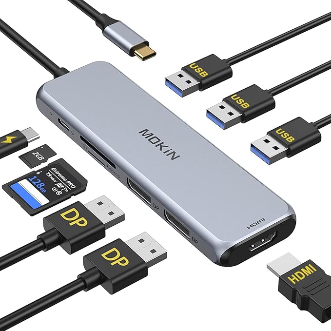 Docking Station Dual DisplayPort MOKiN USB C Hub Dongle with 2 DP HDMI 3 USB A 3.0 SD &amp microSD Slot PD Charging Port for MacBook/Dell XPS/Steam Deck/HP/Lenovo ThinkPad/Microsoft Surface