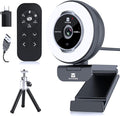 Zoomable Webcam with Remote Control 1080P 60FPS Streaming Webcam with Adjustable Ring Light and Tripod Pro USB 5X Digital Zoom Webcam for Zoom/Skype Teams/Laptop/Mac Windows