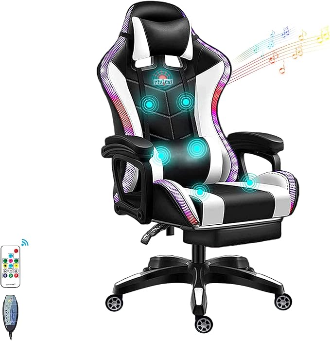 Full Massage Gaming Chair for Adults Video Game Chair with Speaker and RGB Light PU Leather Office Chair with Footrest Headrest Armrest Recliner Computer Chair Swivel E-Sports ChairWhite