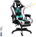 Full Massage Gaming Chair for Adults Video Game Chair with Speaker and RGB Light PU Leather Office Chair with Footrest Headrest Armrest Recliner Computer Chair Swivel E-Sports ChairWhite