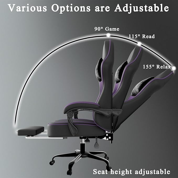 Gaming Chair with Pocket Spring Cushion and Footrest PU Leather Game Chair Adjustable Headrest Home Office Desk Chairs Comfortable Ergonomic Computer Chairs - Purple