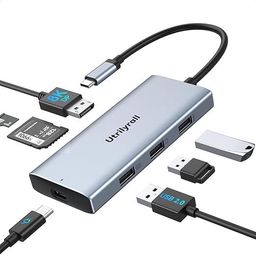 USB C to DisplayPort Adapter 7-in-1 USB C Hub with DisplayPort 8K@30Hz/4K@120Hz 87W PD Charging 3 USB 2.0 Ports SD/TF Card Reader for MacBook Pro/Dell/HP/iPad/USB-C Laptops/Tablets