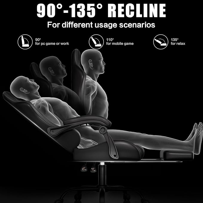 Gaming Chair Ergonomic Office Computer Chair with Footrest and Lumbar Support Massager Racing Style High Back Video Gamer Chair Wide＆Thick Cushion 90°-135° Recline Adjustable Height Black