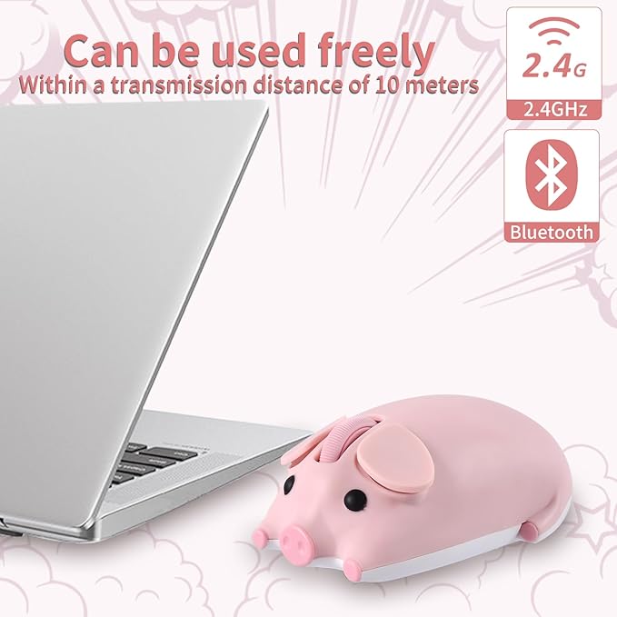 Cute Bluetooth Wireless Mouse with 2.4GHz USB Receiver Cartoon Pig Dual Mode Computer Mouse Silent Clicks Optical Mice for Laptops Mac iPad PC Chromebook Office Students Home Gift(Pink)