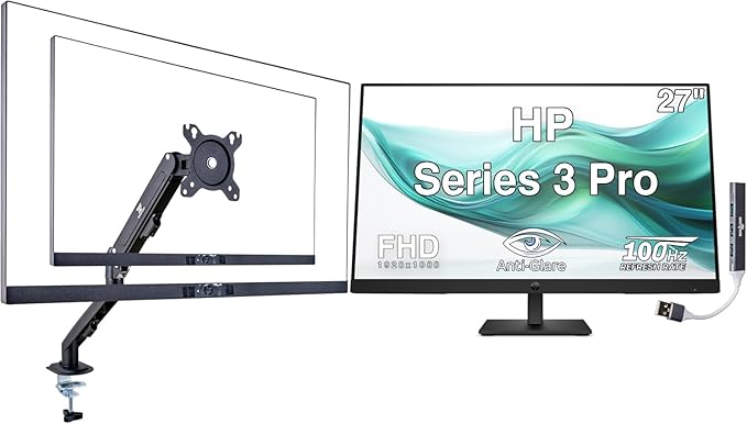 HP Series 3 Pro 27 FHD IPS Monitor with 5ms Response Time Anti-Glare Flicker Free 250 nits Brightness VESA Mount (100mm) Displayport HDMI Black Color w/DKZ Hub &amp ErgoFlexy Single Mount Arm