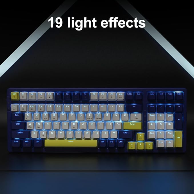 Wireless Mechanical Keyboard Triple Mode 2.4G/USB-C/BT Gaming Keyboards 100 Keys Ice-Blue Backlit Red Switch Keyboard | Rechargeable Mechanical Gaming Keyboards | Blue/White/Yellow
