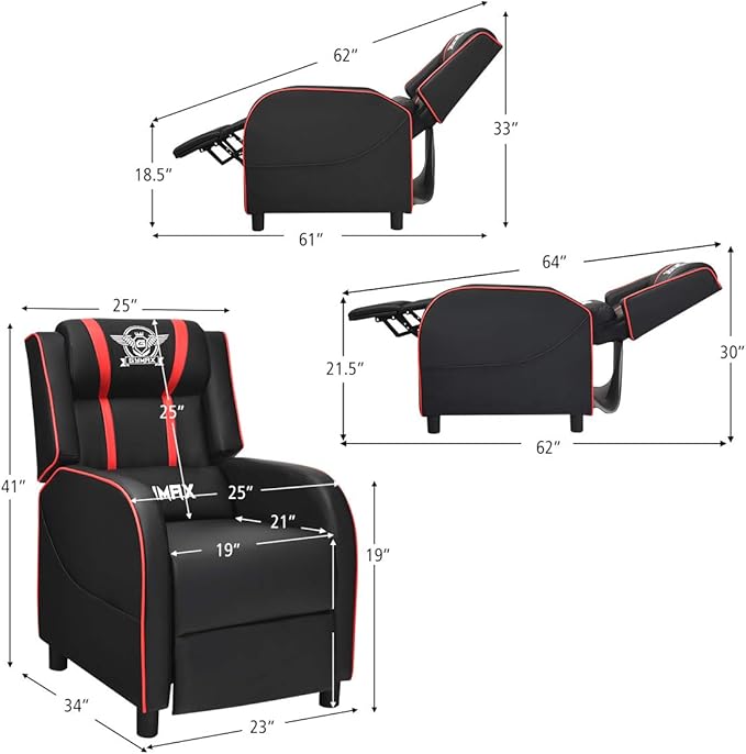 POWERSTONE Gaming Recliner Chair Reclining Gaming Chairs for Adults Ergonomic Leather Sofa with Footrest Lumbar Support Headrest and Side Pouch for Living Room Home Theater Red