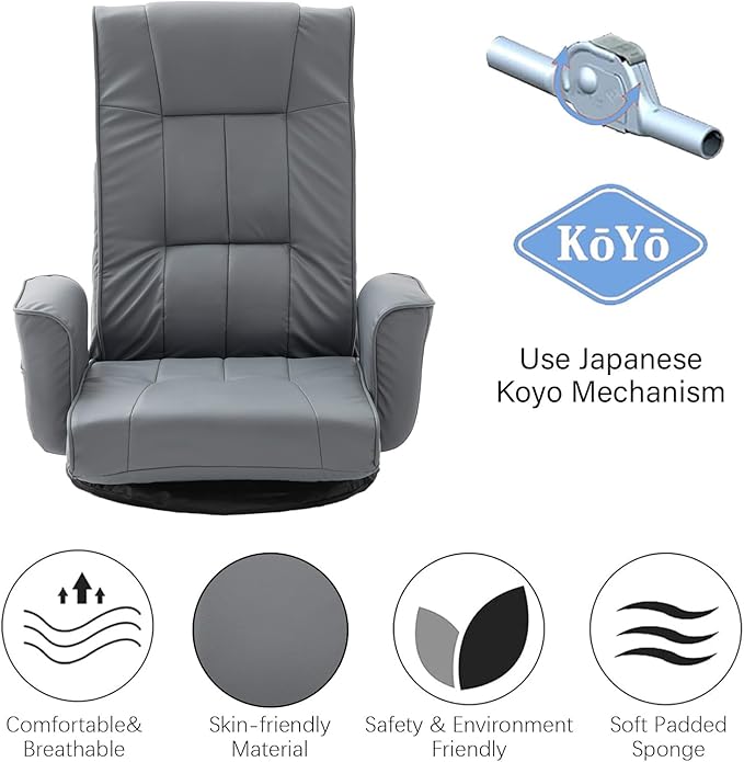 FLOGUOR 360° Swivel Gaming Floor Chair with Armrests – 14-Position Adjustable Folding Floor Sofa Lounger Padded Backrest Multi-Angle Recline for Home Living Room &amp Office (Grey)