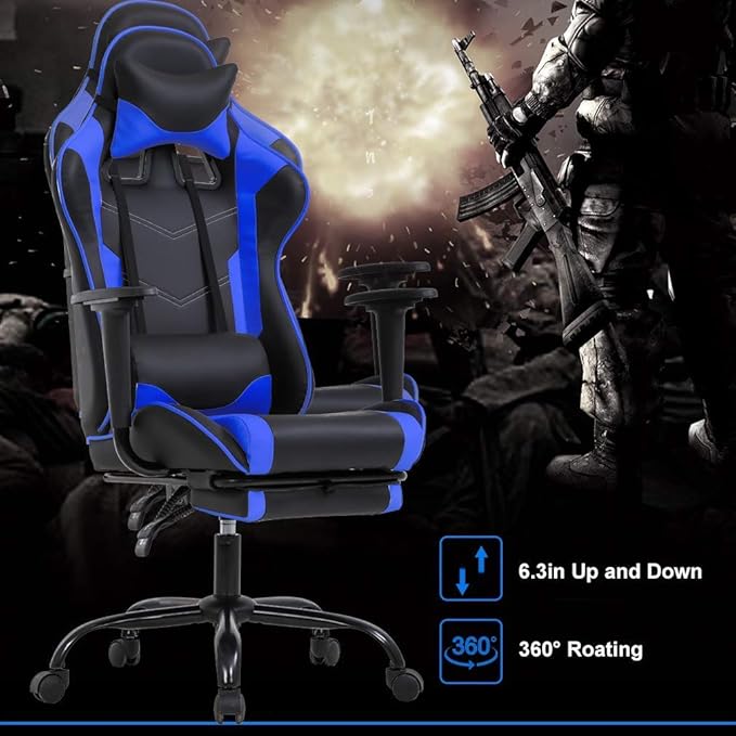 Blue Massage Function PC Gaming Chair Ergonomic Racing Heavy Duty Office Chair Video Game Chair Lumbar Support with Arms Footrest &amp Headrest Nice Chic Desk Chair Adjustable Best Home Office Chai