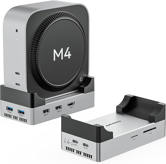 ANYOYO 10Gbps Mac mini M4 Dock and Stand with 8TB NVMe M.2 SSD Enclosure HDMI 4K@60Hz 2× USB-A 3.2（10Gbps） 2× USB-A 2.0 Wi-Fi Signal Friendly Design Aluminum USB-C Hub for Mac mini M4