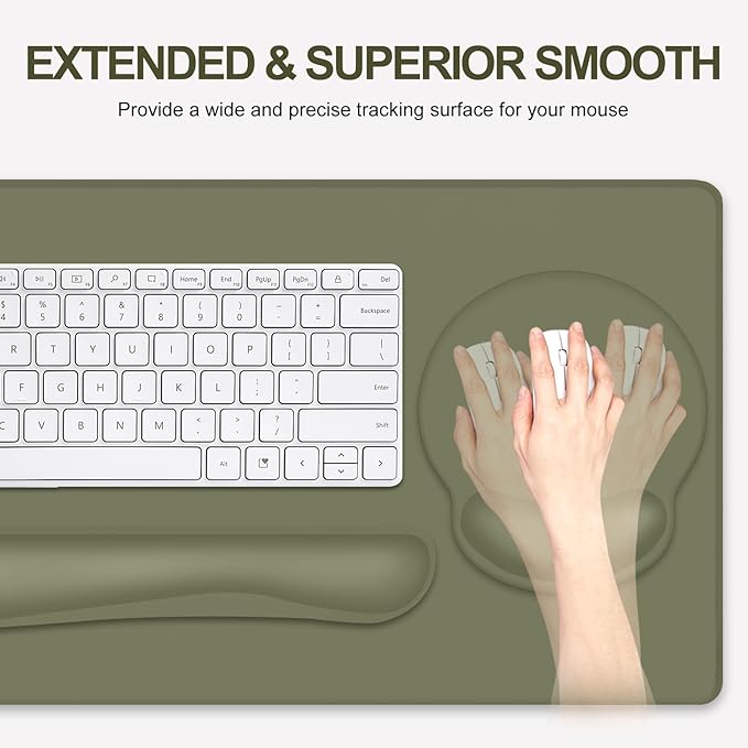 4 PCS Mouse Pad Desk Mat Protector Keyboard Wrist Rest + Comfortable Mouse Pad Wrist Rest +Coaster Large Gaming Mousepad for Computer Laptop 35.4X 15.7 Deskpad for Office Home I Olive Green