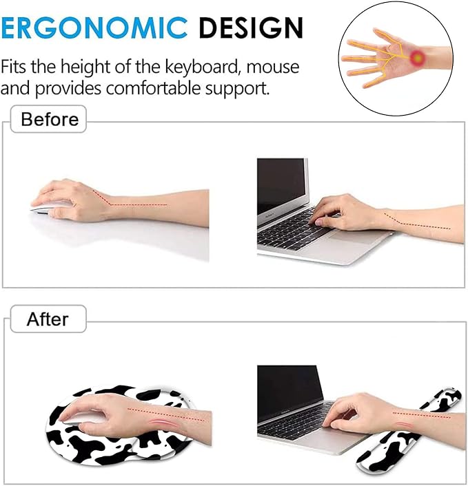 Keyboard Wrist Rest and Mouse Pad Wrist Support Set with CoasterErgonomic Mouse PadComfortable for Easy Typing Pain ReliefMemory Foam Keyboard Pad Set for Laptop MacCow Print
