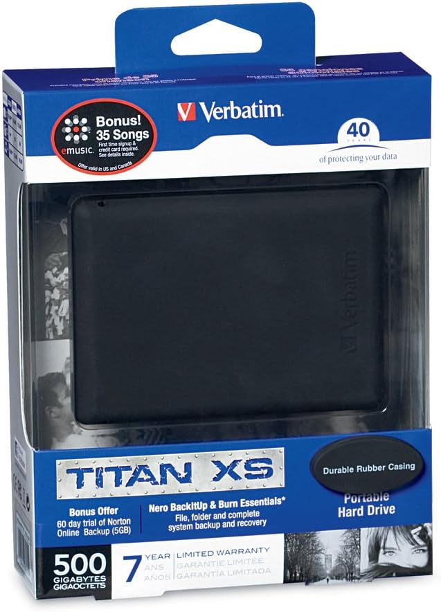 Verbatim Titan XS 500 GB USB 2.0 Portable External Hard Drive with Rugged Rubber Casing 97179 (Black)