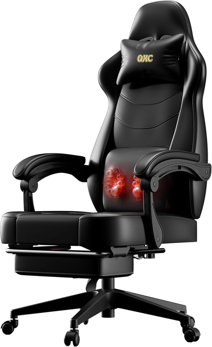 Gaming Chair Ergonomic Computer Chair with Lumbar Massage &amp Heat Video Game Chair with Silent Casters 3D Adjustable Backrest Thickened Seat PU Leather Hidden Footrest (63-77in)