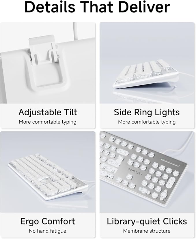 EWEADN GX710S Backlit Computer Keyboards Wired USB Keyboard with White Backlit Metal Panel Plug and Play Pudding Keycaps Full Size Quite Computer Keyboard for Win/PC/Laptop-White