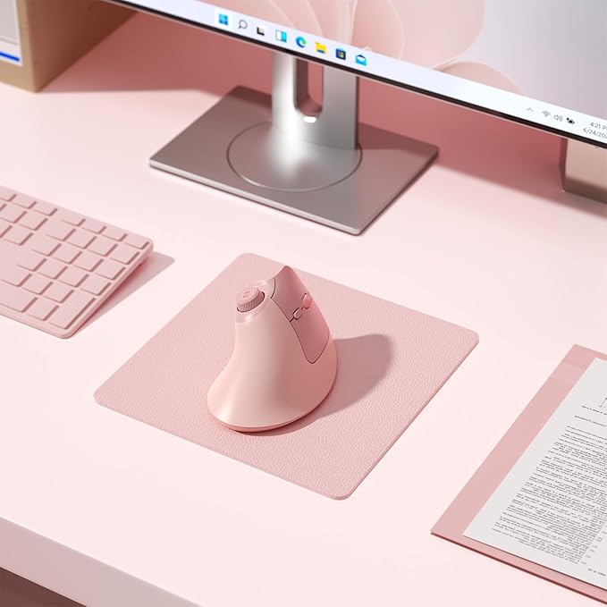 seenda Ergonomic Mouse Wireless MOU-302 Bluetooth Vertical Mouse Rechargeable Optical Mice with 1000/1600/2400 DPI Volume Knob 3 Multi-Device Connectivity for Computer/PC/Laptop/Mac Pink