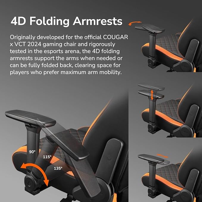Cougar Defensor Ergonomic Office/Gaming Chair Adjustable Height and Tilt 155º Recline 4D Folding Armrests Durable Hyper-Dura Leatherette Upholstery 120 kg Capacity – Gold