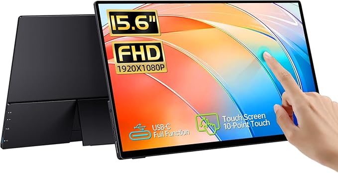 15.6'' Portable Monitor Touchscreen FHD IPS Touch Screen with Tempered Glass Travel Monitor with Kickstand &amp Speaker HDMI USB C External Monitors for Mac Laptop Phone Computer