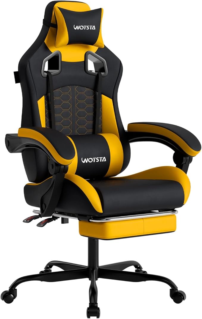 Gaming Chair with MassageErgonomic PC Gaming Chair with Footrest Comfortable Headrest and Lumbar SupportHigh Back Game Chair PVC Leather300LBS (BlackYellow)