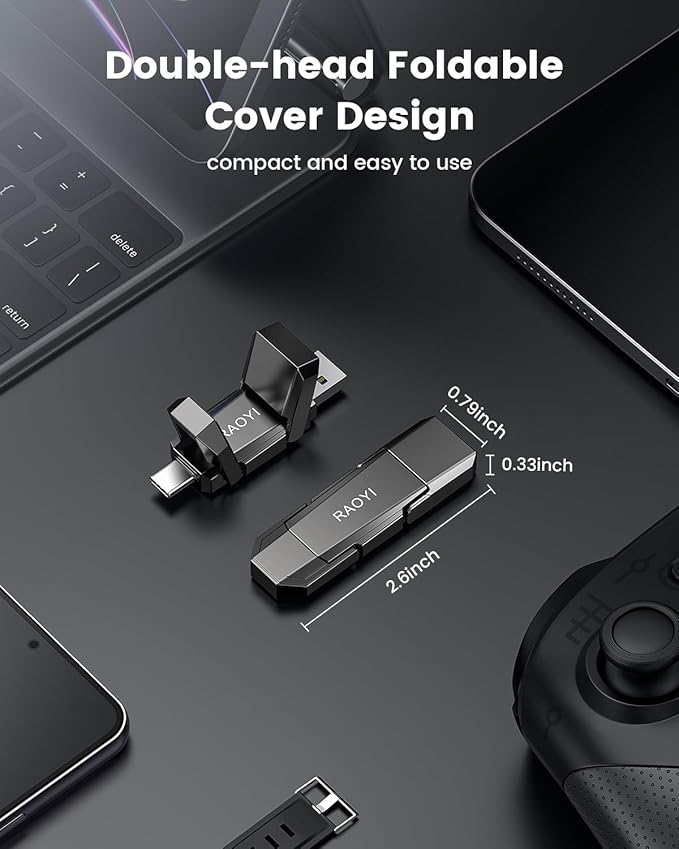 RAOYI 512GB USB C External SSD 2-in-1 Solid State Drive Up to 450MB/s Dual USB 3.2 + Type-C Thumb Drive Portable SSD Drive for iPhone 15/16/17 Android Tablet PC and PS4