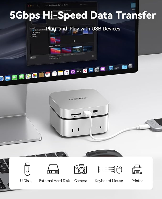 ORICO MiniLink Mac mini M4 Hub with SATA SSD Enclosure 5Gbps(480MB/s) USB 3.0 Port SD 3.0/TF 3.0 Card Readers 3.5mm Headphone Jack and Microphone Jack (M410P)