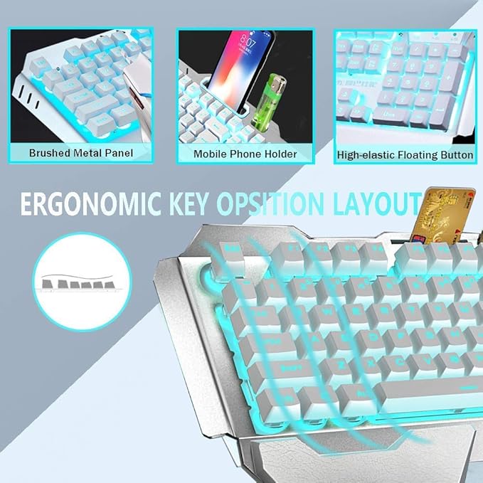 Wireless Keyboard and Mouse Blue LED Backlit Rechargeable Keyboard with 3800mAh Battery Metal Panel Removable Hand Rest Mechanical Feel 7 Color Gaming Mute Mouse for PC Gamers