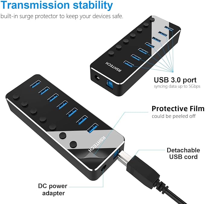 USB 3.0 Hub RSHTECH 7 Port Powered USB Hub Expander Aluminum USB 3.0 Data Port hub with Universal 5V AC Adapter and Individual On/Off Switches USB Splitter for Laptop and PC(Black)