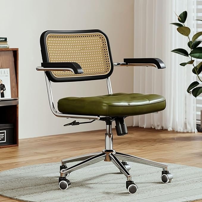 YCKEGEW Leather Padded Home Desk Chair Office Armchair Study Chair with Wheels Hollow Backrest SupportAdjustable Height Computer Work Chair for Office Home(Greem)