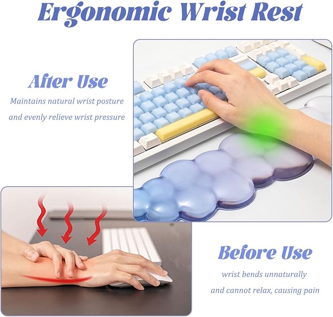 Gel Keyboard Wrist Rest Cloud Set Clear Ergonomic Wrist Support and Arm Support Keyboard Rest for Typing Pain Relief with Non-Slip Soft Washable Wrist Rest(Blue White)