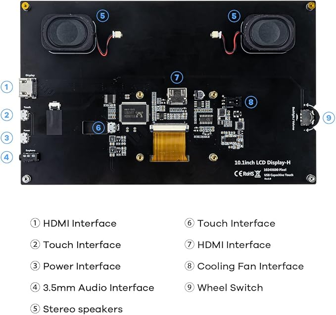 10.1 IPS LCD Capacitive Touch Screen HDMI Display Portable Monitor 1024X600 Built-in Dual Speakers for Raspberry Pi 5/4/3 Xbox PS4 Windows 7/8/10