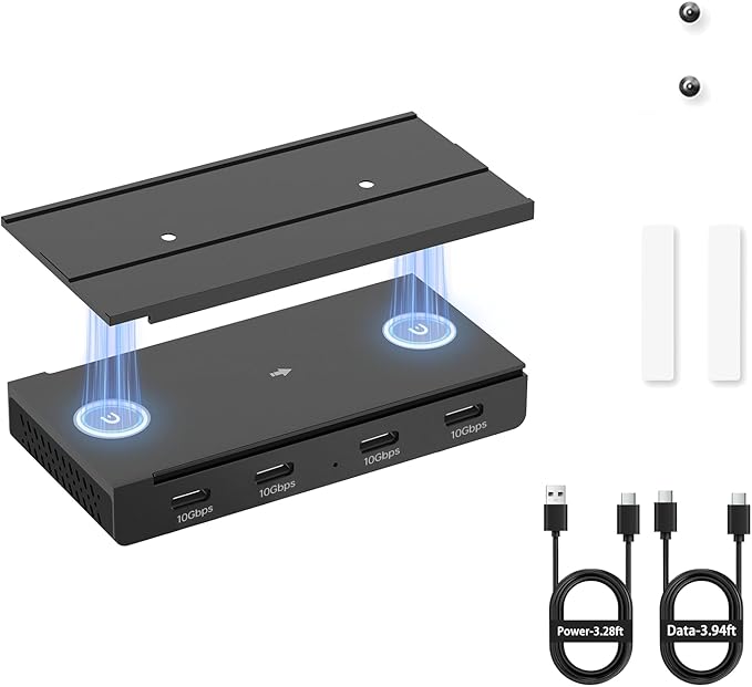 EJAY 10Gbps Magnetic USB-C Hub 4-Port USB 3.2 Gen2 Data Transfer Includes Sliding Rail Screws and Sticky Pads for MacBook Laptop PC Black