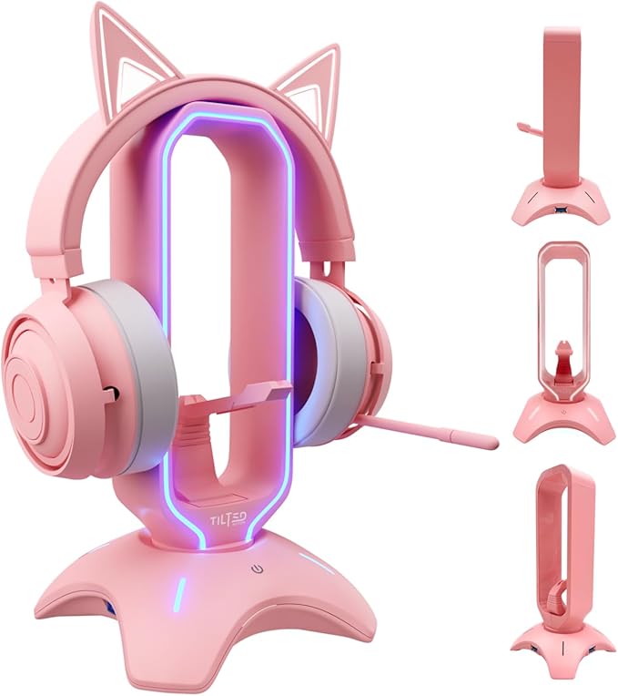 Tilted Nation Cute Headphone Stand Pink | Headset Stand with RGB Mouse Bungee Holder and 2 Port USB Hub Charger - Desk Gaming Accessories