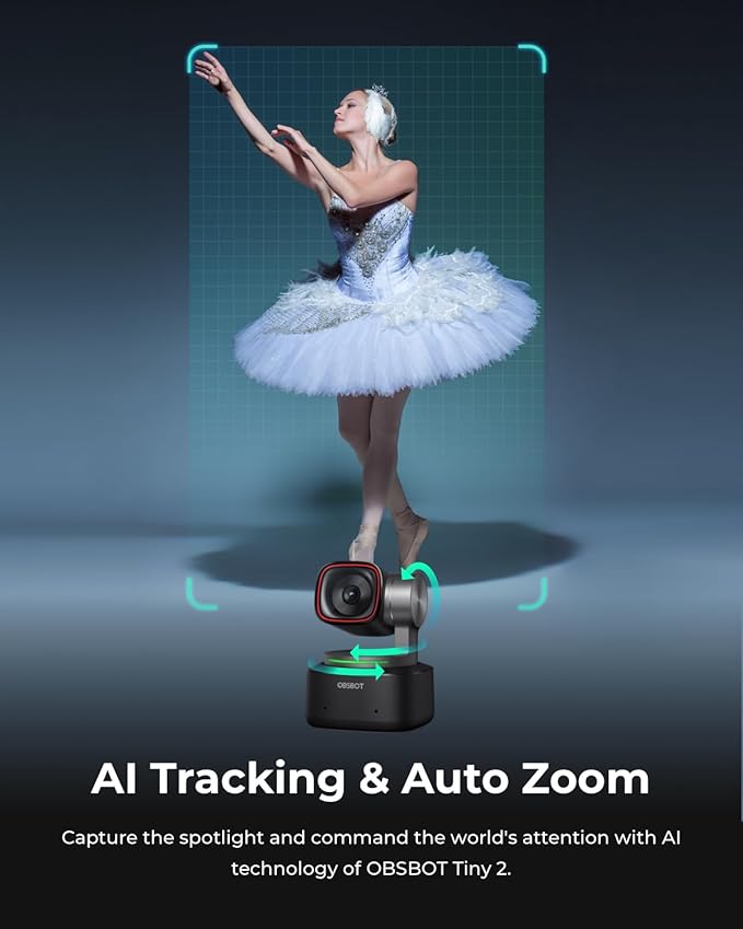 OBSBOT Tiny 2 Webcam 4K Voice Control PTZ AI Tracking Multi-Mode &amp Auto Focus Web Camera with 1/1.5 Sensor Gesture Control 60 FPS HDR Light Correction Webcam for PC Streaming Meeting etc